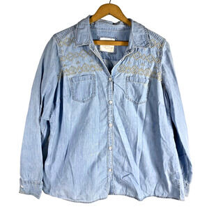 Sonoma Denim Chambray Shirt Large Womens Crochet Lace Detail Cottagecore Top